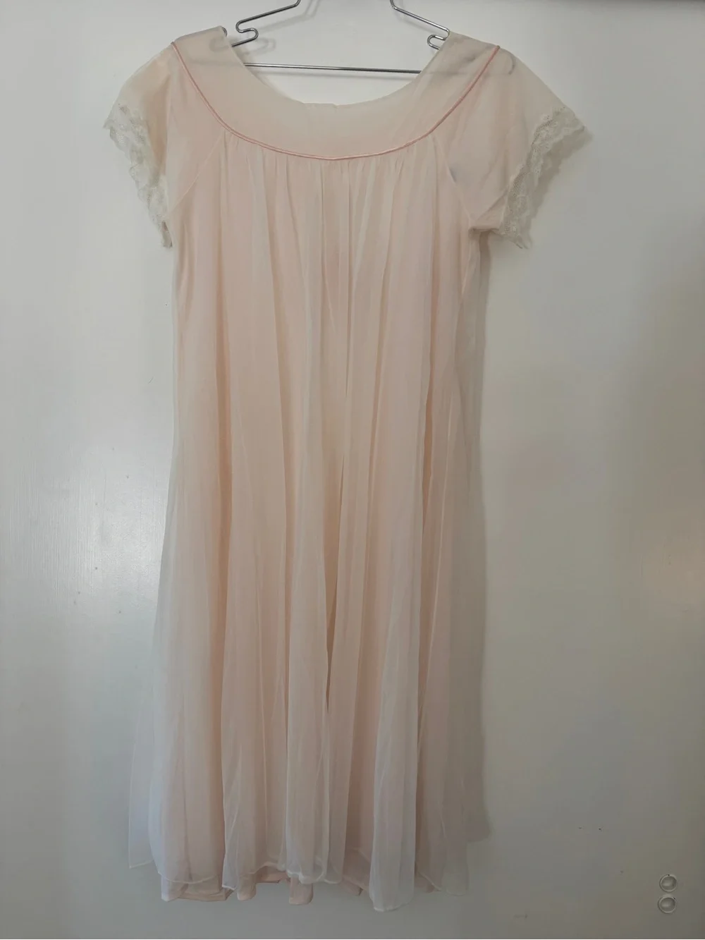 Vintage 70s Tempo Nylon Sheer Bed Coat Robe Pink Lace Trim Lingerie Small